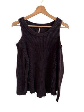 Free People Waffle Knit Cold Shoulder Black Sweater Women's Size XS Distressed